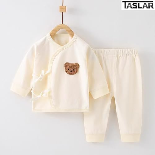 Image of TASLAR Cute Bear Cartoon Two Piece Clothes Set Cotton Long Sleeve Open Front Outfits Room Wear, Sleepwear, Soft Pajamas Top for Unisex Baby Boys Girls