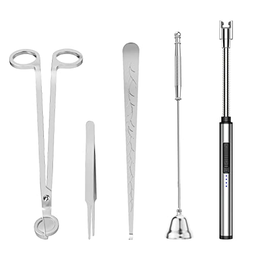 HEYLOURB 5 in 1 Candle Accessory Set Candle Wick Trimmer Cutter Candle Wick Dipper Candle Wick Snuffer Rechargeable Candle Lighter Tweezers Stainless Steel Candle Care Kit Home Gift for Aromatherapy
