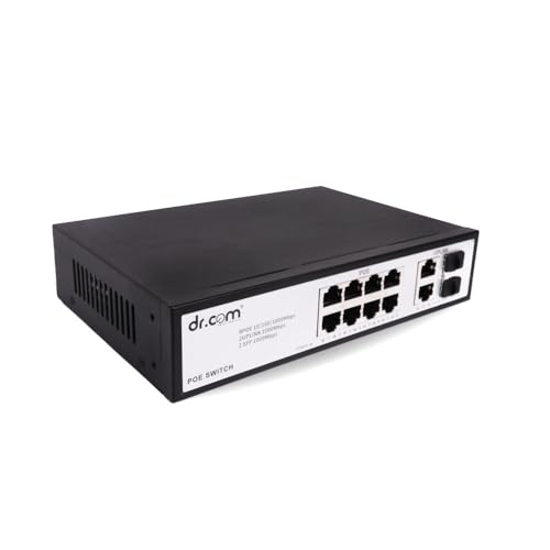 Image of dr.com 12 Port Gigabit PoE Switch with 8 PoE Ports 2 Uplink Ports and 2 SFP Slots 10 /100 /1000 Mbps 120W Power IEEE 802.3af /at Network Switch for CCTV Plug and Play Metal Body Black