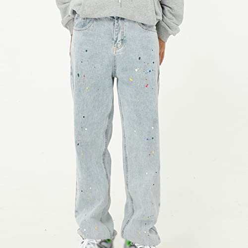 Men Distressed Paint Splatter Jeans Vintage Washed Straight Fit Denim Pants Retro Hip Hop Loose Jean Trousers2