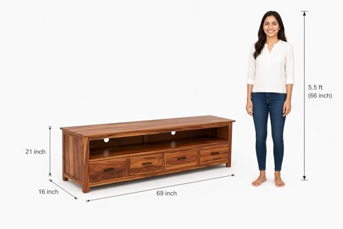 Image of Sheesham Solid Wood TV Cabinet for Living Room | Handcrafted Wooden TV Unit with Storage | Elegant Entertainment Stand for Modern Homes (4 Drawer Tv Cabinet, Honey)