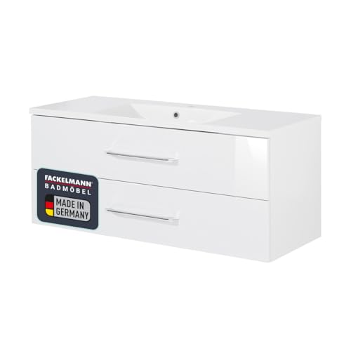 FACKELMANN B.Clever Waschtischunterschrank mit Gussbecken, Korpus Weiß matt, Front Weiß Hochglanz, gedämpfte Schublade – Modernes Design für Ihr Badezimmer