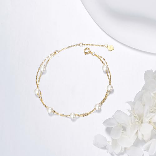 SISGEM 14k Gold Freshwater Cultured Pearl Layered Bracelet for Women, 14kt Wrist Jewelry Gifts for Her, 6.2-7.8 inches4