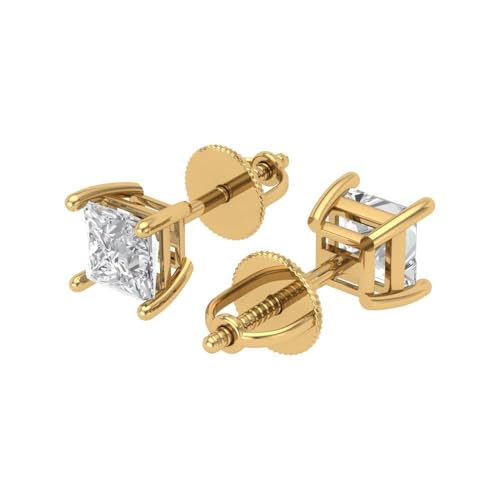 1 ctw Solitaire Screw-Back Stud Earrings for Women | Princess Cut 4.5mm Moissanite | 14K Solid Gold | Yellow Gold | Womens Birthstone Wedding Anniversary Gold Art Deco Earrings2