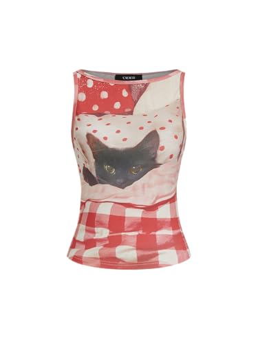 CIDER Tank Tops for Women Cat Graphic Gingham Ruched Sleeveless Crop Top Boat Neck Top Cute Tank