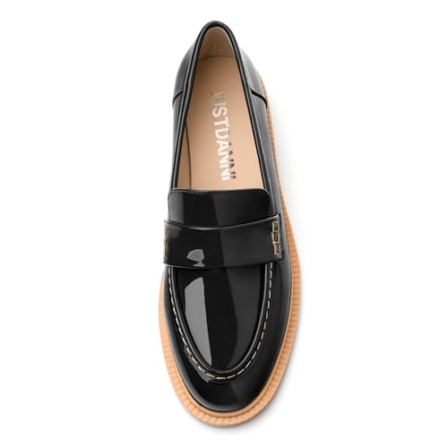 Image of JUSTDANNI Loafers for Women Slip On Shoes with Round Toe 1.2-Inch Low Chunky Block Heel Patent Comfortable Casual Dress Pump Shoes for Wedding Party Work Shopping Dating