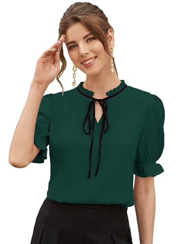 Image of Stylistico Soft Polyester Formal Stylish tie-up Office Solid Western Summer Short v-Neck Casual Plain Puff Half Sleeves Tops for Women Latest