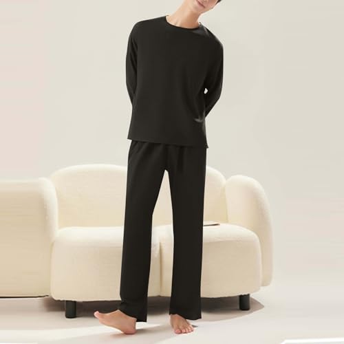 Mens Waffle Pajamas Sets Casual Crewneck Long Sleeve Sleepwear 2 Piece Lightweight Breathable Loungewear Sets2