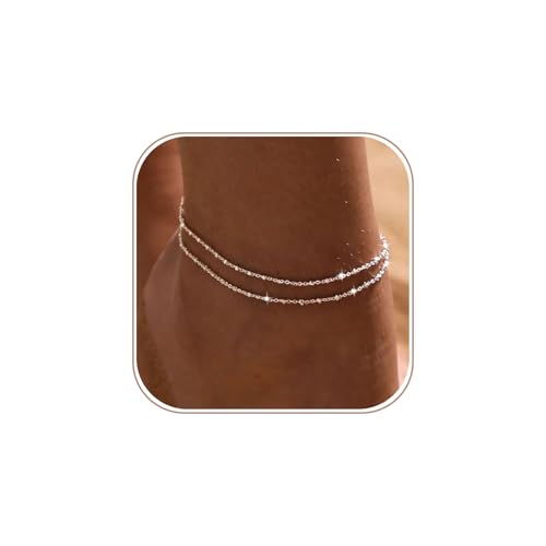 Image of Tasiso Ankle Bracelets for Women Silver Plated Anklets for Women Waterproof Adjustable Beaded Layered Sparkling Dainty Anklet Set Beach Summer Foot Jewelry in Gift Box