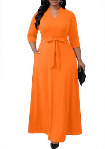 Image of FANDEE Maxi Dress for Women, Casual V Neck 3 /4 Sleeve Long Dresses with Pockets