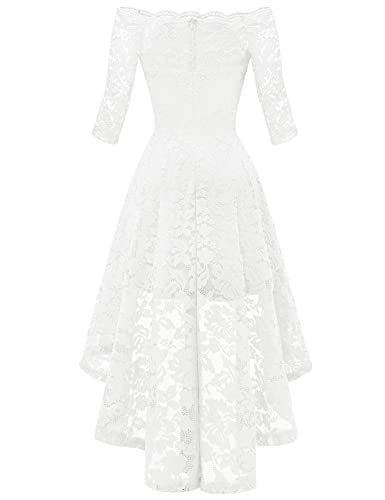 Muadress Women Vintage Lace Cocktail Party Dress Off Shoulder 3/4 Sleeve Hi-Lo Dress A-White Medium #TOP3