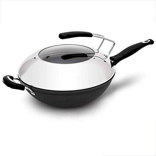 CJTMY Poêle Wok avec Couvercle Poêle à Frire en Acier Inoxydable de qualité supérieure avec poignée Ergonomique et Surface antiadhésive résistante aux égratignures - Robuste (Size : S)
