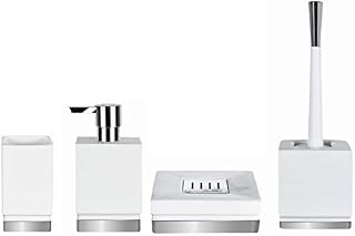 Spirella Juego de 4 accesorios de baño de porcelana, dispensador de jabón, escobilla para inodoro, jabonera, caja de almacenamiento y vaso para cepillos de dientes, color blanco/plateado