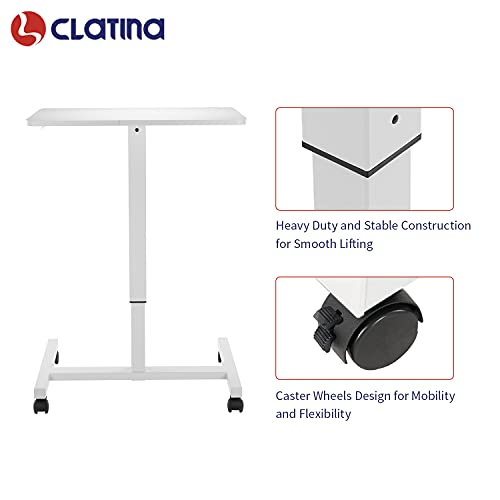 Image of CLATINA Mobile Standing Desk Adjustable Height, Portable Rolling Table on Lockable Wheels for Home Office Computer Workstation 28 inch x 19 inch Round Edge Design Elegant (White)