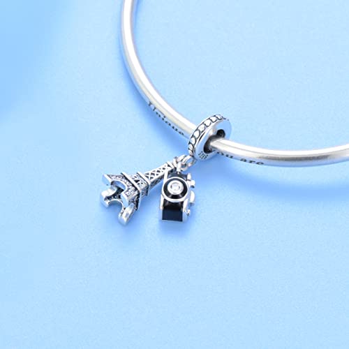 Image of ARTCHARM Travel Series Charms for Bracelets Paris Eiffel Tower, Passport, Vintage Camera Photo Picture Photographer Sterling Silver Charms