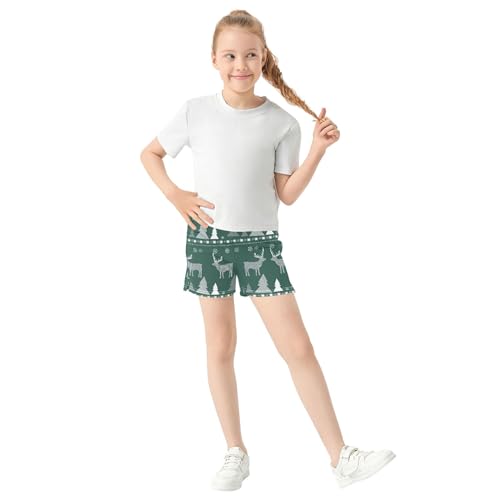 Girls Lounge Shorts Green Christmas Tree Deer Print Casual Athletic Summer Pajama Sleepwear Cute Kids Teens, X-Small2