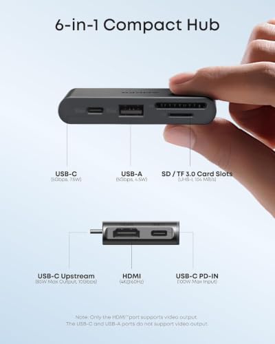 Image of Anker Nano USB C Hub, 6-in-1 Compact USB-C Hub with 85W PD Charging (Charger Not Included), 4K@60Hz HDMI, 10Gbps USB-C, 5Gbps USB-A, SD /TF Card Readers, for MacBook, Lenovo, HP, and More