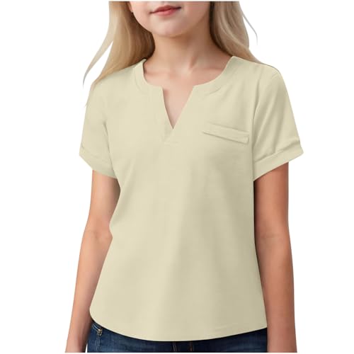 Girls Shirts Fashion 2025 Short Sleeve V Neck Solid Color Cute Summer Blouse Comfy Casual Sports Tee Tops for 3-14Y