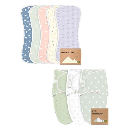 KeaBabies 5-Pack Burp Cloths for Baby Boys and Girls and 3-Pack Baby Swaddle Sleep Sacks - Ultra Absorbent Burping Clothes, Burp Rag - Soft & Breathable Newborn Swaddle Sack