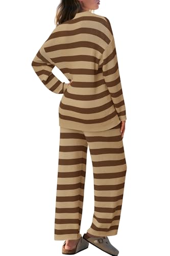 Image of SENSERISE Womens Striped Set Sweater Lounge Sets | Pajamas Set, Loungewear Set, Oversized Knit Sweater, Wide Leg Pants with Pockets, Fall Outfits, Pants Set