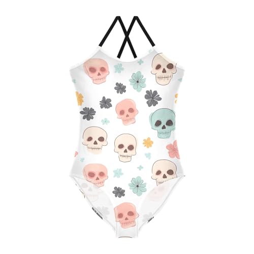 Bolaz Girls Swimsuits One-Piece Bathing Suits Multicolor Kids Sport Summer Beach Swimwear for 3-10 Years Old-Cute Skull Flowers Pattern