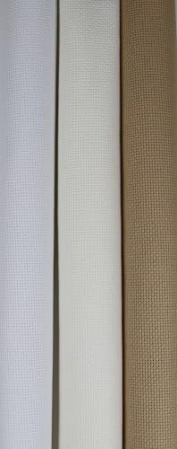 Image of KCS 3 pc of 15 inch x 18 inch(38cmx45cm) 18 Count Cross Stitch Cotton Aida Cloth Needlework Rolled Fabric Box,18CT,White+Antique White+Khaki