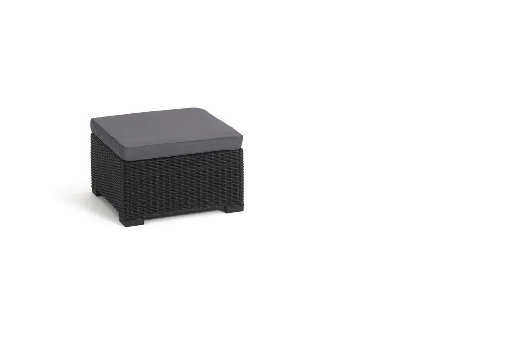 Keter Allibert by California Tabouret Repose-Pieds, Table de Jardin en Plastique, avec Coussin extérieur, Gris, Aspect rotin, 68 x 68 x 35 cm