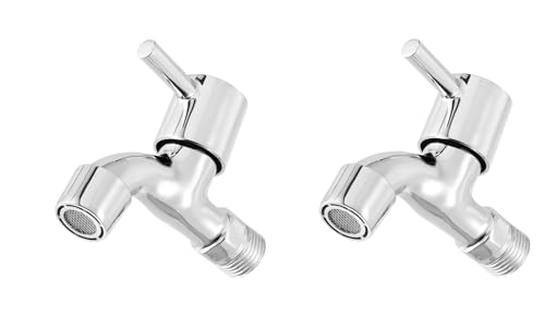 Image of Stainless Steel Base Bib Cock Water Tap - 1 /2 inch, 15mm - ABS Plastic Head Faucet for Kitchen, Bathroom & Wash Basin - Hot & Cold Water Compatible - Set of 2 (Silver)