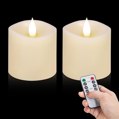 Image of 3x3 Flameless Candles Battery Operated with Remote Timer, Last 600 Hours Battery Candles Flickering, Ivory Real Wax Electric LED Candle for Wedding Party, Set of 2