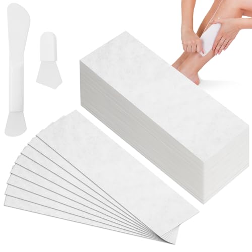Lot de 100 bandes non tissées pour cire - 7 x 20 cm - Avec 2 pinceaux de maquillage - Bandes non tissées pour cire chaude et pâte à sucre - Pour jambes,...