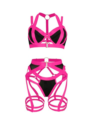Lilosy Sexy Strappy Underwire Push Up Garter Belt Women Lingerie Set Harness Cutout Outfits Matching Bra Panty 3 Piece3