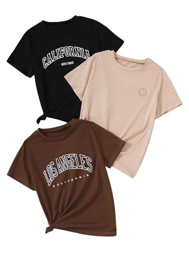 SHENHE Girl's Graphic Tees Crew Neck Short Sleeve Cute Summer Tops 3 Packs T Shirts