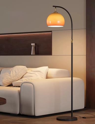 KlkrzJwy Nordic Orange Glass Floor Lamp Arc Height Adjustable Floor Light Marble Base Tall Lamp with Globe Glass E26 Dimmable Standing Fixtures for Living Room Sofa Area Study Bedroom
