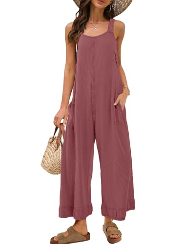 Panadila Womens Overalls Loose Fit Waffle Jumpsuits Casual Wide Leg Jumpsuits Boho Outfits Summer Rompers 2025(Berry Red,XL)