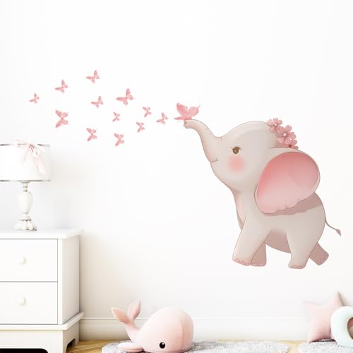 Image of Pink Elephant Wall Stickers for Baby Girl Nursery - Butterfly Animal Wall Decals Waterproof Removable - Large Nursery Bedroom Playroom Decoration for Girls Room Decor Kids