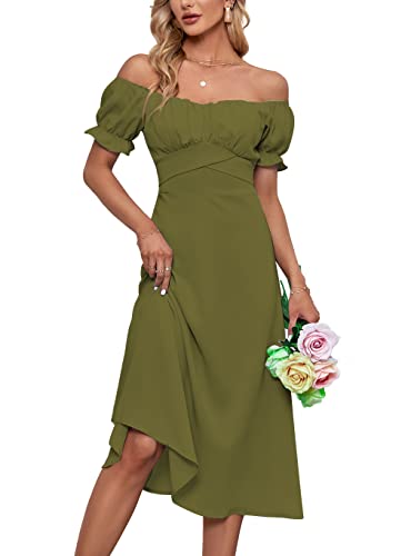 Image of LYANER Women's Off Shoulder Wrap Ruffle Puff Short Sleeve Ruched Tie Back Dress