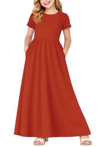 Image of Deerose Girls Maxi Dress Short Sleeve Casual Long Dresses with Pockets 5-14 Years