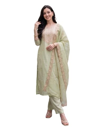 Image of INDO ERA Women's Silk Blend Solid Straight Kurta with Pant & Dupatta Set