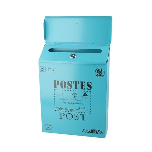 Vintage style wall mounted mailbox crafted from waterproof iron, secure locking system with keys, for storing letters and newspapers (Blue)