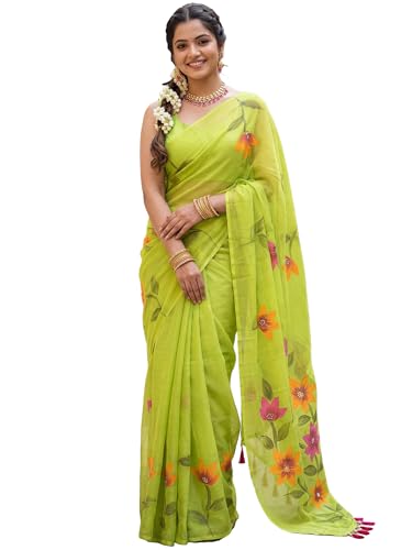 Image of AKHILAM Women's Cotton Saree with White Daisy Floral Prints Tassel Pallu Lightweight Summer Saree