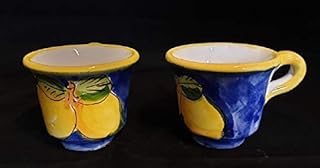 TAZZINE CAFFE’ CON LIMONI (4 PEZZI) + VASSOIO + ZUCCHERIERA IN CERAMICA DI VIETRI DIPINTI A MANO, ARREDO TAVOLA COSTIERA AMALFITANA BOMBONIERA MADE IN ITALY