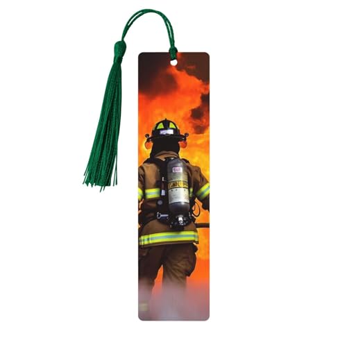 カラフルなタッセル付き木製しおり ダークグリーン、消防士 炎 木製ブックマーカー パーソナライズ 木製ハンギングタグ オーナメント DIY クラフト しおり メンズ レディース 本好き向け