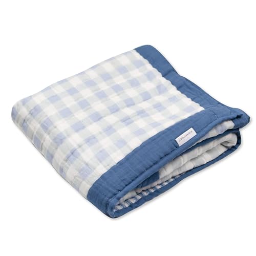 Image of HonestBaby Hand-Quilted Baby Blanket Reversible 100% Organic Cotton for Infant Boys, Girls, Blue Ticking Stripe, One Size