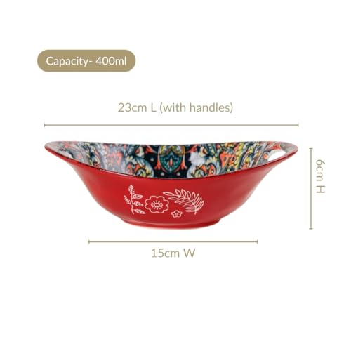 Image of Nestasia Mandala Ceramic Serving Bowl with Handles (400 ml) - Microwave & Dishwasher Safe Pasta Bowl | Floral Bowl with Glossy Finish - Ideal for Soup, Curries, Snacks, Salad & Noodles (Red)