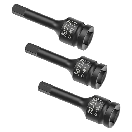 Image of 3PCS 3 /8 inch Square Drive H7(7mm) Impact Hex Bit Socket, 60mm(2.36 inch) Length, Hex Driver, Impact Grade, One-Piece Construction, 3 /8 inch Drive Allen Bit Socket, Cr-Mo Steel, Black