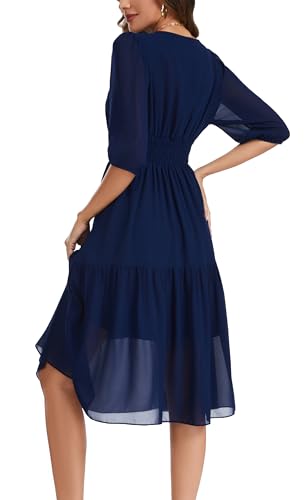 Image of Kormei Women Casual Boho Floral Round Neck 3 /4 Sleeve Smocked Waist Tiered A Line Flowy Swing Midi Dress Long Dresses