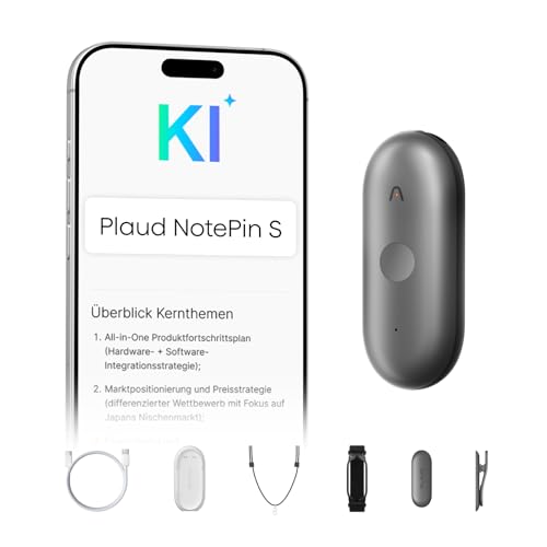 Plaud NotePin S Diktiergerät mit taktiler Aufnahmetaste Profis & Teams KI Voice Recorder KI-Notizgerät KI-Schreibfunktion & Zusammenfassung Aufnahmegerät für Meetings 4 Zubehörteile (Grau)