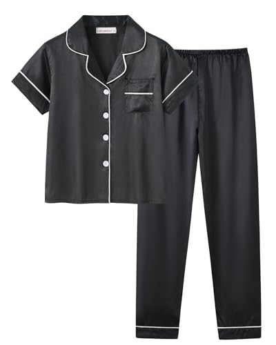 Cute Satin Pajamas for Big/Tween Girls Silk Button Down Short Sleeve & Pants PJS Clothes Nighty Size 8-16