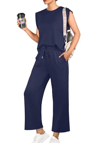 GRECERELLE Damen Trainingsanzug Sommer Zweiteiler Elegant Leichte Tracksuit Lässige Sport Set Jogginganzug Sweatshirt & Jogginghose für Running Yoga Gym (Marine Blau, XL)