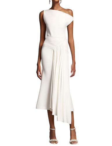 White Chic Oblique Shoulder Sleeveless Pleated Cocktail Dress for Women Maxi Elegant Design Irregular Hem Party Dress